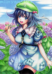 Rule 34 | 1girl, artist name, backpack, bag, black thighhighs, blue eyes, blue hair, blue sky, blush, cloud, colored pencil (medium), day, field, flower, flower field, hair bobbles, hair ornament, hat, highres, hydrangea, kawashiro nitori, key, looking at viewer, marker (medium), matching hair/eyes, mii@chiffonx, open mouth, puffy sleeves, sample watermark, shirt, short sleeves, skirt, skirt set, sky, smile, solo, thighhighs, touhou, traditional media, twintails, two side up, watermark, wrench