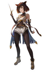 Rule 34 | 1girl, absurdres, animal ears, bare shoulders, bridal gauntlets, brown hair, cat ears, covered navel, dagger, elbow gloves, facial mark, fingernails, full body, gloves, green eyes, half-closed eyes, highres, knife, lhsx, looking at viewer, original, parted lips, sharp fingernails, short hair, shorts, slit pupils, smile, solo, weapon, white background