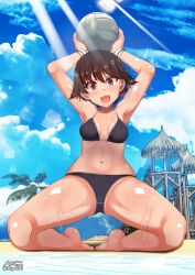 Rule 34 | 1girl, armpits, arms up, artist name, ball, barefoot, beach, bikini, black bikini, blush, breasts, brown eyes, brown hair, cloud, day, girls und panzer, highres, isobe noriko, kneeling, light rays, looking at viewer, megadeko, navel, open mouth, outdoors, short hair, sky, small breasts, smile, solo, spread legs, sunbeam, sunlight, sweat, swimsuit, volleyball, volleyball (object), wet