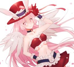 Rule 34 | 1girl, angel wings, animal ears, arm behind back, arm up, bad id, bad pixiv id, bare arms, bare shoulders, belt, blush, breasts, closed mouth, collar, collarbone, female focus, frilled skirt, frilled tubetop, frilled wristband, frills, full moon wo sagashite, gloves, hand on own hip, hat, long hair, looking at viewer, maro (lij512), medium breasts, meroko yui, midriff, navel, neck, pink eyes, pink hair, rabbit ears, red gloves, red hat, red skirt, red tube top, skirt, smile, solo, strapless, top hat, tube top, v, wings, wristband