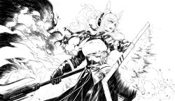 Rule 34 | 1girl, animal ear fluff, animal ears, arknights, armor, black dress, black gloves, blonde hair, breastplate, chinese commentary, commentary request, dress, gloves, greyscale, hair between eyes, headset, holding, holding shield, holding weapon, horse ears, horse girl, long hair, long sleeves, looking to the side, mizuya, monochrome, nearl (arknights), open mouth, pauldrons, ponytail, rhodes island logo (arknights), shield, shoulder armor, sidelocks, simple background, solo, standing, tail, teeth, upper body, weapon, white background