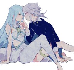 Rule 34 | 1boy, 1girl, adapted costume, aisutabetao, alternate costume, azura (fire emblem), barefoot, blue hair, blush, corrin (fire emblem), corrin (male) (fire emblem), couple, dress, eye contact, face-to-face, facing another, fire emblem, fire emblem fates, hair between eyes, hetero, imminent kiss, long hair, looking at another, nintendo, platinum blonde hair, pointy ears, red eyes, short hair, very long hair, white hair, yellow eyes