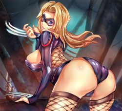 Rule 34 | 1girl, :p, ass, bent over, blonde hair, blue eyes, breasts, cameltoe, claw (weapon), fishnet thighhighs, fishnets, lady swiftclaw, large breasts, leotard, long hair, mask, original, sideboob, solo, suoni (deeperocean), thighhighs, tongue, tongue out, weapon