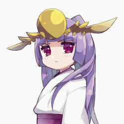 Rule 34 | &gt;:(, 1girl, blunt bangs, blush, closed mouth, grey background, headgear, japanese clothes, kimono, light frown, long hair, looking at viewer, looking to the side, obi, pikomarie, purple eyes, purple hair, puzzle &amp; dragons, sash, simple background, solo, v-shaped eyebrows, very long hair, white kimono, yomi (p&amp;d)