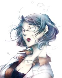Rule 34 | 1girl, air bubble, bubble, closed eyes, glasses, old, old woman, original, sanctuary-of-apricot, short hair, simple background, solo, underwater