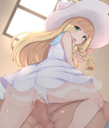 Rule 34 | 1girl, anus, anus peek, ass, blonde hair, blunt bangs, braid, clothed sex, clothing aside, commentary request, commission, cowgirl position, creatures (company), dress, eyelashes, game freak, girl on top, green eyes, hand on headwear, hat, highres, huge ass, lillie (pokemon), long hair, looking back, nintendo, open mouth, panties, panties aside, partial commentary, pixiv commission, pokemon, pokemon sm, see-through, see-through dress, sex, sleeveless, sleeveless dress, straddling, sun hat, sundress, twin braids, underwear, vaginal, white headwear, white panties, window, yuno (mioalice)