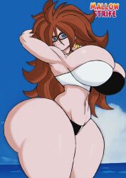 Rule 34 | 1girl, android 21, arms behind head, arms up, ass, bikini, blue hair, bracelet, breasts, brown hair, curvy, dragon ball, dragon ball fighterz, earrings, female focus, glasses, highres, huge ass, huge breasts, jewelry, long hair, looking at viewer, mallowstrife, narrow waist, navel, skindentation, solo, swimsuit, thick thighs, thighs, wide hips