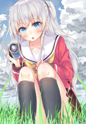 Rule 34 | 10s, 1girl, blue eyes, camcorder, charlotte (anime), highres, hypertan, long hair, school uniform, serafuku, silver hair, solo, tomori nao, twintails, two side up, video camera