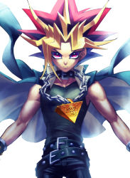 Rule 34 | 1boy, armlet, bad id, bad nicoseiga id, bare arms, belt, black hair, black shirt, blonde hair, bracelet, bright background, chain, collar, dyed bangs, jewelry, long sleeves, looking at viewer, male focus, millennium puzzle, multicolored hair, open clothes, open shirt, red eyes, red hair, rokuro (ryvius), shirt, simple background, sleeveless, sleeveless shirt, solo, spiked hair, uniform, white background, yami yugi, yu-gi-oh!, yu-gi-oh! duel monsters