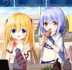 Rule 34 | 2girls, :d, bare shoulders, bikini, bikini under clothes, blonde hair, blue bikini, blue eyes, blue hair, blush, brown eyes, closed mouth, day, drawstring, flower girl (yuuhagi (amaretto-no-natsu)), food, hair between eyes, holding, holding food, hood, hood down, hooded jacket, ice cream, ice cream cone, jacket, long hair, multiple girls, open mouth, original, outdoors, short sleeves, smile, soft serve, standing, swimsuit, two side up, very long hair, water, white bikini, white jacket, wide sleeves, yuuhagi (amaretto-no-natsu)