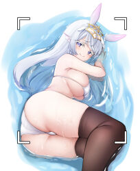 Rule 34 | 1girl, animal ears, ass, bare arms, bare shoulders, benedia, bikini, breasts, brown thighhighs, closed mouth, feet out of frame, fins, hands up, head fins, headdress, highres, large breasts, long hair, looking at viewer, lying, on side, purple eyes, rabbit ears, sideboob, skindentation, smile, solo, string bikini, swimsuit, thighhighs, thighs, vanguard (warship girls r), viewfinder, warship girls r, water, wet, white bikini, white hair