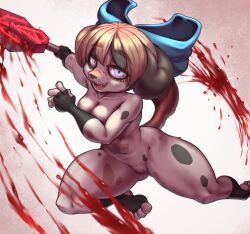 Rule 34 | 1girl, :3, animal ears, animal feet, animal nose, arm up, black fur, black gloves, black hair, black socks, blonde hair, blood, blood on face, blood splatter, blue bow, blue eyes, body fur, bow, breasts, brown fur, cleavage, cleft of venus, collarbone, dog ears, dog girl, dog tail, feet, female focus, fingerless gloves, full body, furry, furry female, gloves, gluteal fold, groin, hair bow, half-closed eyes, hand up, happy, highres, hitmanatee, holding, holding weapon, jumping, looking at viewer, medium breasts, multicolored eyes, multicolored fur, multicolored hair, nude, open mouth, original, outstretched arm, pussy, red eyes, sharp teeth, short hair, sidelocks, smile, snout, socks, solo, spotted fur, spread legs, stirrup legwear, streaked hair, tail, tail raised, teeth, thick thighs, thighs, toeless legwear, toes, two-tone hair, uncensored, weapon, white background, white fur, wide hips
