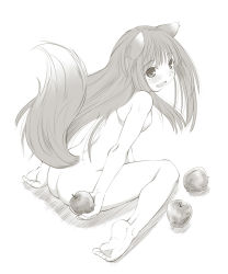 Rule 34 | 1girl, animal ears, apple, ass, barefoot, blush, fang, fangs, feet, food, fruit, highres, holding, holding food, holding fruit, holo, kasuga yukihito, kneeling, long hair, monochrome, nude, solo, spice and wolf, tail, wolf ears, wolf tail