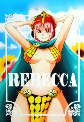 Rule 34 | 1girl, absurdres, armor, bare legs, bikini armor, blue sky, braid, breasts, cape, character name, curvy, female focus, flower, helmet, highres, holding, holding helmet, large breasts, long hair, looking at viewer, navel, official art, one piece, pink hair, rebecca (one piece), shiny skin, sky, standing, sunflower, sword, weapon