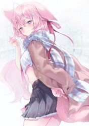 Rule 34 | 1girl, animal ears, antenna hair, blush, closed mouth, commentary request, hakui koyori, hexagon hair ornament, highres, hololive, light smile, looking at viewer, paraffin, pink hair, snow, solo, tail, virtual youtuber, wolf ears, wolf girl, wolf tail