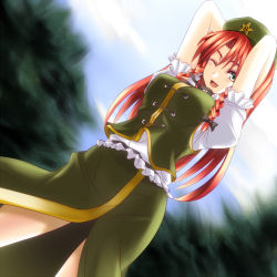 Rule 34 | 1girl, arms behind head, arms up, beret, blush, bow, braid, breasts, female focus, green eyes, hair bow, hat, hong meiling, kurokawa (silve), nature, one eye closed, open mouth, outdoors, red hair, sky, smile, solo, embodiment of scarlet devil, touhou, twin braids, wink