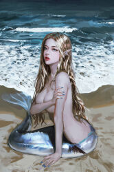 Rule 34 | 1girl, absurdres, bare shoulders, beach, blonde hair, blue eyes, blue nails, breasts, cleavage, commentary, covering privates, covering breasts, english commentary, full body, highres, j. won han, large breasts, long hair, mermaid, mole, mole under eye, monster girl, ocean, original, parted lips, pointy ears, realistic, red lips, sand, shore, solo, teeth, topless, upper teeth only, water