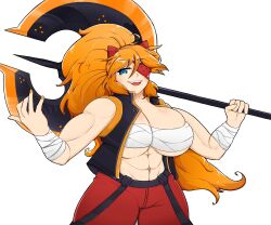 Rule 34 | 1girl, abs, absurdres, axe, battle axe, blue eyes, breasts, cleavage, eyepatch, highres, holding, holding weapon, huge breasts, long hair, muscular, muscular female, orange hair, pants, red pants, solo, weapon, zess (zesty jesus)