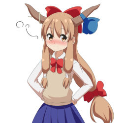 Rule 34 | 1girl, alternate costume, beige vest, blue skirt, blush, bow, bowtie, cato (monocatienus), commentary request, hair bow, hands on own hips, horn ornament, horn ribbon, horns, ibuki suika, light brown hair, long hair, long sleeves, looking at viewer, low-tied long hair, nose blush, red bow, red bowtie, ribbon, school uniform, shirt, sidelocks, simple background, skirt, smile, solo, touhou, very long hair, vest, white background, white shirt, yellow eyes