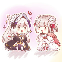 Rule 34 | 2girls, :d, arch bishop (ragnarok online), bare shoulders, black dress, black hairband, blush, bow, braid, character request, cone hair bun, detached sleeves, dress, flower, frilled dress, frilled hairband, frills, hair bun, hair flower, hair ornament, hairband, high priest (ragnarok online), highres, light (luxiao deng), long sleeves, multiple girls, notice lines, official alternate costume, open mouth, puffy long sleeves, puffy sleeves, purple flower, purple rose, ragnarok online, rose, silver hair, smile, solid circle eyes, sparkle, striped, striped bow, thighhighs, triangle mouth, v-shaped eyebrows, white dress, white flower, white legwear, wide sleeves