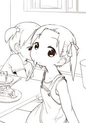 Rule 34 | 2girls, cake, cake slice, child, cream, cream on face, denim, denim skirt, flat chest, food, food on face, fork, fruit, hair bobbles, hair ornament, hair ribbon, ichigo mashimaro, itou chika, lineart, looking at viewer, matsuoka miu, mouth hold, multiple girls, orz (orz57), plate, prostration, ribbon, shirt, short hair, short twintails, sitting, skirt, solo focus, strawberry, strawberry shortcake, suspenders, t-shirt, table, tank top, twintails