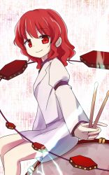 Rule 34 | 1girl, drum, drumsticks, from side, gradient background, horikawa raiko, instrument, red eyes, red hair, sitting, solo, tona (nekotte), touhou