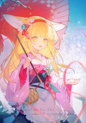 Rule 34 | 1girl, :d, absurdres, animal ears, apron, arknights, black skirt, blonde hair, commentary request, english text, fox ears, fox girl, fox tail, frilled apron, frills, highres, holding, holding umbrella, japanese clothes, kimono, long hair, long sleeves, obi, oil-paper umbrella, open mouth, outdoors, pink kimono, red umbrella, sash, skirt, smile, snow, solo, suzuran (arknights), suzuran (yukibare) (arknights), tail, tolu ya, umbrella, very long hair, waist apron, white apron, wide sleeves, yellow eyes