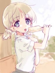 Rule 34 | 10s, 1girl, aki (girls und panzer), commentary request, food, girls und panzer, green eyes, highres, kuroi mimei, light brown hair, popsicle, shirt, short hair, short twintails, solo, sweat, twintails, white shirt