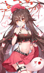 Rule 34 | 1girl, :q, absurdres, ahoge, alternate costume, bare shoulders, baseball cap, belt, between thighs, black nails, black shirt, boo tao (genshin impact), breasts, brown hair, choker, closed mouth, clothes lift, crop top, crop top overhang, dakimakura (medium), detached sleeves, flower, flower-shaped pupils, genshin impact, gou lianlian dogface, hand up, hat, heart, highres, hu tao (genshin impact), lifted by self, long hair, looking at viewer, lying, midriff, miniskirt, nail polish, navel, o-ring, o-ring top, on back, pleated skirt, plum blossoms, red choker, red eyes, red skirt, shirt, skirt, skirt lift, small breasts, smile, solo, spaghetti strap, stomach, studded bracelet, symbol-shaped pupils, thigh strap, tongue, tongue out, twintails, very long hair