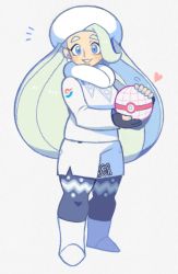 Rule 34 | 1girl, black gloves, black pantyhose, blue eyes, boots, creatures (company), denaseey, dynamax ball, earrings, fingerless gloves, fur hat, game freak, gloves, green hair, hat, heart, highres, holding, holding poke ball, jewelry, long hair, long sleeves, looking at viewer, melony (pokemon), multicolored hair, nintendo, pantyhose, pantyhose under shorts, parted lips, poke ball, pokemon, pokemon swsh, shorts, smile, solo, streaked hair, very long hair, white footwear, white hat, white shorts