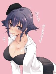 Rule 34 | 1girl, abenattou, anzio school uniform, beret, black bra, black hair, black hat, black skirt, blush, bra, braid, breasts, brown eyes, cleavage, commentary, dress shirt, girls und panzer, hat, heart, large breasts, leaning forward, long sleeves, looking at viewer, miniskirt, open clothes, open mouth, open shirt, pantyhose, pepperoni (girls und panzer), pink background, pleated skirt, school uniform, shirt, short hair, side braid, simple background, skirt, smile, solo, translated, underwear, white pantyhose, white shirt