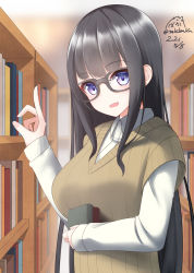 Rule 34 | 1girl, :d, black-framed eyewear, black hair, blurry, blurry background, book, bookshelf, breasts, collared shirt, commentary request, dated, depth of field, glasses, hand up, highres, indoors, long hair, long sleeves, medium breasts, nekobaka, open mouth, original, purple eyes, school uniform, shirt, signature, sleeves past wrists, smile, solo, sweater vest, twitter username, upper body, very long hair, white shirt
