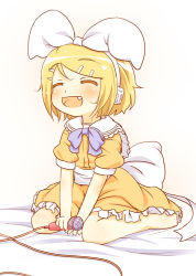 Rule 34 | 1girl, bad id, bad pixiv id, barefoot, blonde hair, broiler, child, closed eyes, fang, female focus, full body, gradient background, hair ornament, hair ribbon, hairclip, happy, headphones, kagamine rin, microphone, ribbon, short hair, sitting, smile, solo, vocaloid
