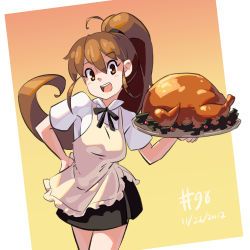 Rule 34 | 1girl, 2012, apron, blush, breasts, brown eyes, brown hair, dated, food, hand on own hip, holding, junkpuyo, long hair, medium breasts, ponytail, skirt, smile, solo, taneshima popura, tray, turkey (food), uniform, waitress, working!!, yellow background