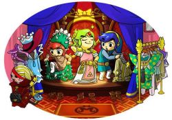 Rule 34 | 3boys, ankle boots, belt, blue hair, boots, crossdressing, closed eyes, green hair, harlequin, hat, jester cap, link, male focus, multiple boys, nintendo, official art, red hair, smile, sparkle, spotlight, the legend of zelda, the legend of zelda: tri force heroes, thighhighs, tiara, toon link, the legend of zelda: tri force heroes, white legwear