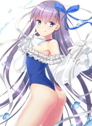 Rule 34 | 1girl, ass, bare shoulders, blue eyes, blue one-piece swimsuit, blue ribbon, blush, breasts, choker, closed mouth, fate/grand order, fate (series), frills, hair between eyes, highleg, highleg swimsuit, highres, licking lips, long hair, long sleeves, looking at viewer, meltryllis, meltryllis (fate), meltryllis (swimsuit lancer) (fate), meltryllis (swimsuit lancer) (second ascension) (fate), nryk28, one-piece swimsuit, puffy sleeves, purple hair, ribbon, simple background, sleeves past fingers, sleeves past wrists, small breasts, smile, solo, swimsuit, thighs, tongue, tongue out, very long hair, water, white background