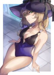Rule 34 | 1girl, absurdres, arms at sides, bare shoulders, blue one-piece swimsuit, breasts, cleavage, clothing cutout, collarbone, genshin impact, gold trim, green eyes, hat, hat belt, highres, kanniiepan, large breasts, light brown hair, lisa (genshin impact), long hair, looking at viewer, one-piece swimsuit, outside border, purple hat, purple one-piece swimsuit, side cutout, sitting, solo, swimsuit, thighs, witch hat