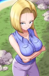 Rule 34 | 1girl, absurdres, alternate costume, android 18, blonde hair, blue eyes, blue vest, breasts, cleavage, closed mouth, collarbone, commentary request, crossed arms, denim, dragon ball, dragonball z, earrings, highres, jeans, jewelry, kiteman442, large breasts, looking at viewer, outdoors, pants, purple pants, short hair, solo, standing, vest
