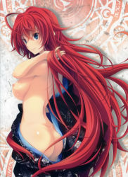 Rule 34 | 10s, 1girl, absurdres, ahoge, ass, back, blue eyes, breasts, high school dxd, highres, japanese clothes, kimono, large breasts, long hair, miyama-zero, nipples, no bra, no panties, official art, red hair, rias gremory, scan, sideboob, smile, solo, standing, very long hair, yukata