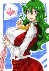 Rule 34 | 1girl, alternate hair length, alternate hairstyle, ascot, bad id, bad pixiv id, blush, breasts, closed umbrella, female focus, green hair, heart, impossible clothes, impossible shirt, kazami yuuka, kazami yuuka (pc-98), large breasts, long hair, open mouth, pants, plaid, plaid vest, red eyes, shirt, smile, solo, spoken heart, touhou, touhou (pc-98), umbrella, unadare, vest