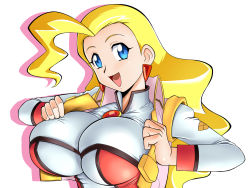 Rule 34 | 1990s (style), 1girl, arms up, blonde hair, blue eyes, blush, breasts, earrings, highres, jewelry, large breasts, lento (glamour works), long hair, long sleeves, looking at viewer, retro artstyle, solo, swan white, yuusha ou gaogaigar, yuusha series