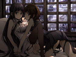Rule 34 | 2girls, all fours, bare shoulders, bed, black eyes, black hair, black legwear, black vs white, breasts, brown eyes, brown hair, building, garter straps, holding hands, jewelry, key, large breasts, long hair, looking at viewer, lying, mouth hold, multiple girls, necklace, no shoes, on back, on bed, original, pillow, short hair, smile, thighhighs, torigoe takumi, very long hair, window, yuri