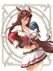 Rule 34 | 1girl, absurdres, animal ears, ball, belt, brown hair, commentary request, cowboy shot, eyewear on head, gloves, hair ornament, hand on own hip, highres, holding, holding ball, horse ears, horse girl, jewelry, lips, long hair, looking at viewer, midriff, nan-bu, navel, necklace, parted lips, pasties, pleated skirt, purple eyes, seeking the pearl (umamusume), skirt, solo, sunglasses, tail, umamusume, white skirt
