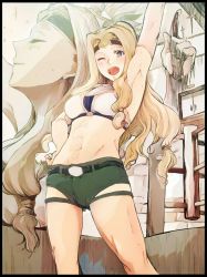 Rule 34 | 1girl, abs, alternate costume, alternate hairstyle, armpits, belt, black border, blonde hair, border, boxing ring, circlet, fate/grand order, fate (series), long hair, low-tied long hair, midriff, one eye closed, pointing, pointing up, ponytail, quetzalcoatl (fate), short shorts, shorts, solo, sweat, syatey, toned