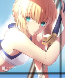 Rule 34 | 1girl, artist name, artoria pendragon (all), artoria pendragon (fate), artoria pendragon (swimsuit archer) (fate), artoria pendragon (swimsuit archer) (first ascension) (fate), bad id, bad pixiv id, bare arms, bare shoulders, bikini, blonde hair, blurry, blurry background, braid, breasts, cloud, cloudy sky, excalibur (fate/stay night), eyebrows, eyes visible through hair, fate/grand order, fate/stay night, fate (series), french braid, green eyes, hair over one eye, holding, holding sword, holding weapon, leaning on object, long hair, looking at viewer, magicians (zhkahogigzkh), medium breasts, outdoors, parted lips, saber (fate), sky, solo, swimsuit, sword, upper body, weapon, white bikini