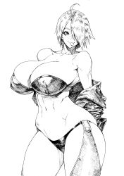 Rule 34 | 1girl, absurdres, angel (kof), bonten, bra, breasts, cleavage, hair over one eye, highres, huge breasts, legs, looking at viewer, midriff, navel, short hair, smile, snk, solo, strapless, strapless bra, the king of fighters, thick thighs, thighs, toned, tongue, tongue out, underwear, undressing