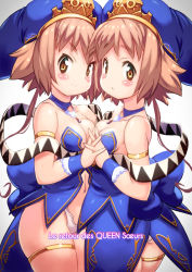 Rule 34 | 2girls, armlet, asymmetrical docking, bare shoulders, blue choker, blue dress, blue headwear, blush stickers, breast press, breasts, brown hair, chocolat queen, choker, cleavage, closed mouth, collarbone, commentary request, cowboy shot, dress, french commentary, french text, from side, hat, highres, holding hands, interlocked fingers, jester cap, long hair, looking at viewer, looking to the side, marron queen, microdress, mixed-language commentary, multiple girls, navel, original, panties, parted lips, revealing clothes, short dress, siblings, sidelocks, simple background, sisters, small breasts, smile, standing, strapless, strapless dress, thighlet, underwear, v-shaped eyebrows, white background, white panties, wristband, yellow eyes, yu 3
