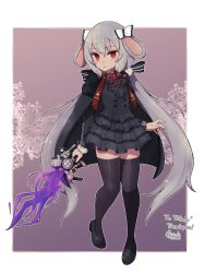 Rule 34 | 1girl, animal ears, artist name, black dress, black footwear, black thighhighs, bow, buttons, closed mouth, commission, double-breasted, dress, ears down, full body, grey hair, hair bow, holding, holding sword, holding weapon, lamb-oic029, layered dress, long hair, long sleeves, looking at viewer, low twintails, original, red eyes, shoes, signature, skeb commission, solo, sword, thighhighs, twintails, very long hair, weapon, white bow