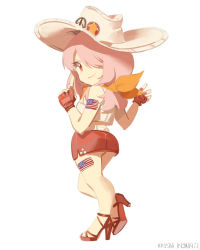 Rule 34 | 1girl, american flag, ankle strap, chibi, cowboy hat, crop top, fingerless gloves, full body, gloves, hair over one eye, hands up, hat, high heels, legs, long hair, looking at viewer, miniskirt, original, peace symbol, pink hair, red eyes, red footwear, ruukii drift, sandals, shirt, shoes, simple background, skirt, sleeveless, sleeveless shirt, smile, solo, strappy heels, tattoo, thighs, watermark, white background