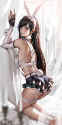 Rule 34 | 1girl, ass, black hair, bridal garter, detached sleeves, earrings, final fantasy, final fantasy vii, final fantasy vii ever crisis, fingerless gloves, fishnet pantyhose, fishnets, gloves, highres, jewelry, kneeling, lace, lace-trimmed skirt, lace trim, liang xing, looking at viewer, looking back, miniskirt, official alternate costume, pantyhose, skirt, solo, suspenders, tifa lockhart, tifa lockhart (bunny bustier), wrist cuffs